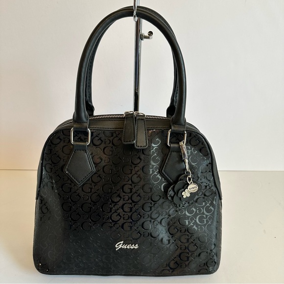 Guess Handbags - GUESS Black Monogram‎ Dome Satchel Handbag with Charm GG Logo Bag
